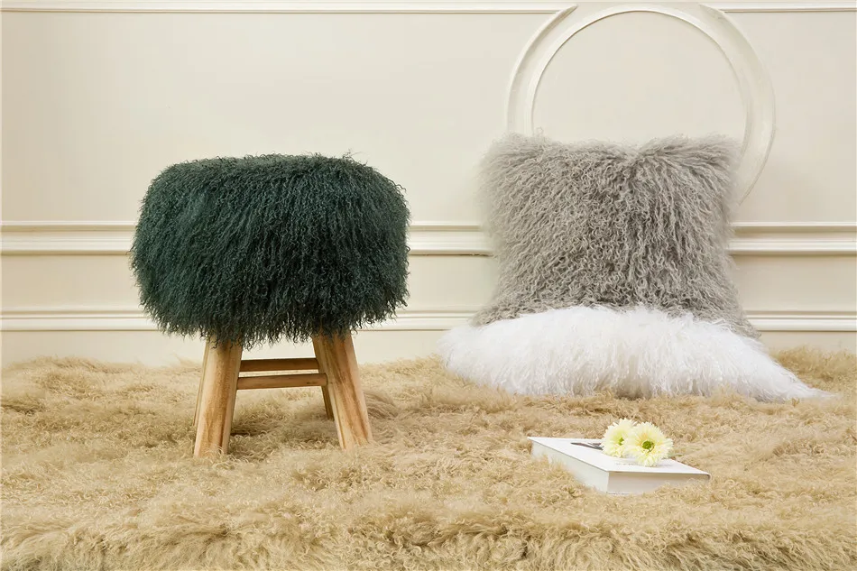 Grey Color Best Seller Custom Square Pouf Genuine Mongolian Lamb Skin Covers