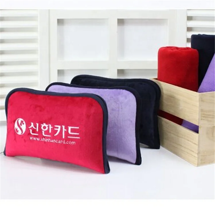 Logo customize polyester fleece polar flannel coral foldable blanket pillow 2 in 1