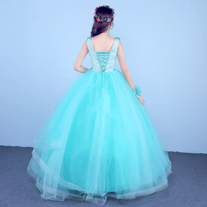 Sexy Lake Blue V neck Audition Performance Solo Ball Gown Wedding Banquet Host Dress For Women
