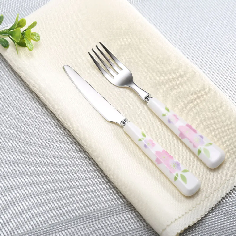 Cathylin flora ceramic handle stainless steel 18-10 dinner dessert silver spoon cutlery, flatware set