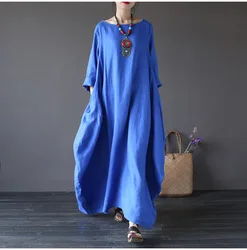 Wholesale Fashionable Personalized Soild Color Plus Size Long Sleeve Boho Dress Cotton Casual Loose Maxi Dresses