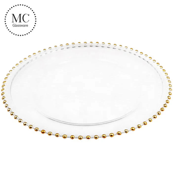 For wedding decorate gold rim glass charger plates gold rim beaded luxury dinnerware sets for decoration on table