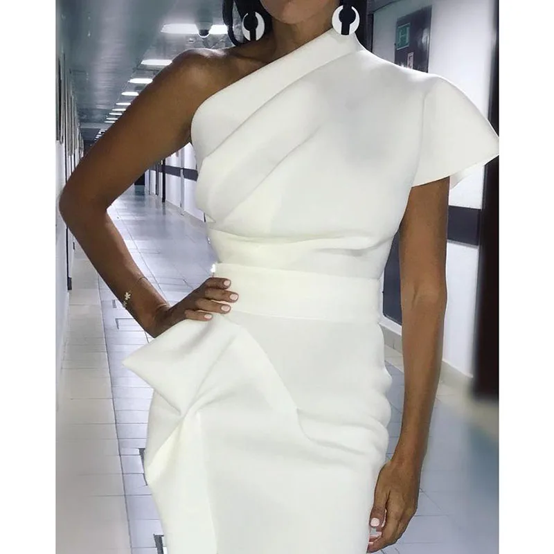 Women solid black polyester One Shoulder Ruched Irregular Party Dress  hidden side zipper closure pencil hem banquet  prom dress