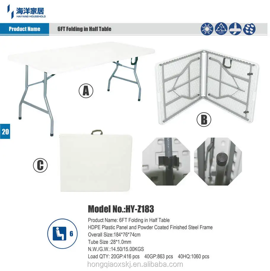Easy Carry 6foot portable Outdoor lightweight plastic picnic camping suitcase folding table