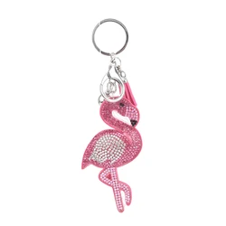 LOCACRYSTAL Brand Rhinestone Flamingo Shaped Leather Keychain with Tassel