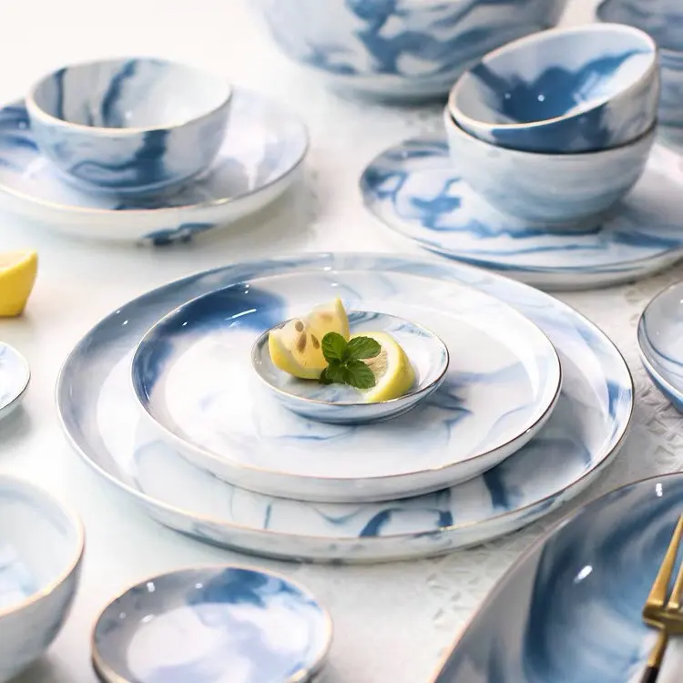 
Nordic style luxury wedding ceramic marble dinner plates with gold rim 