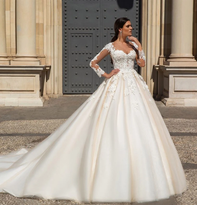 
Ball Gown Long Sleeve Illusion Back Applique Lace Wedding Dress Bride Dress 
