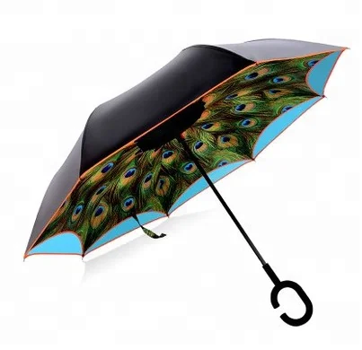 
Inside full print double layer manual open reverse inverted C handle umbrella for car 