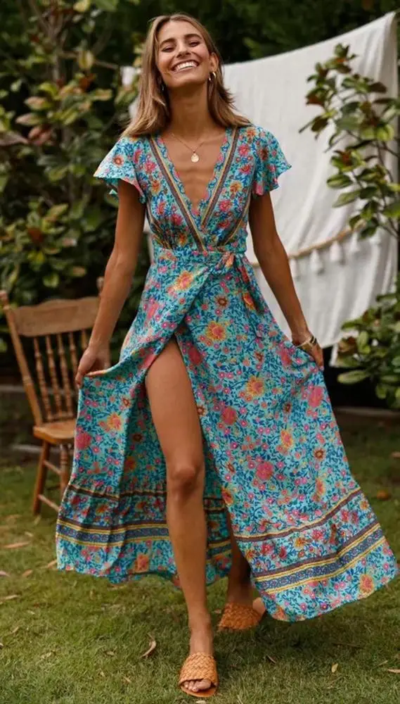 
2019 spring new design BOHO V neck beach floral print women dress 