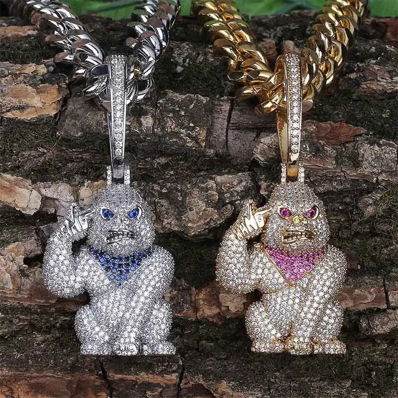 New Real Hiphop High-end 18k Solid Gold Plated Iced Out Lab Diamond CZ Gorilla King Kong Pendant Necklace