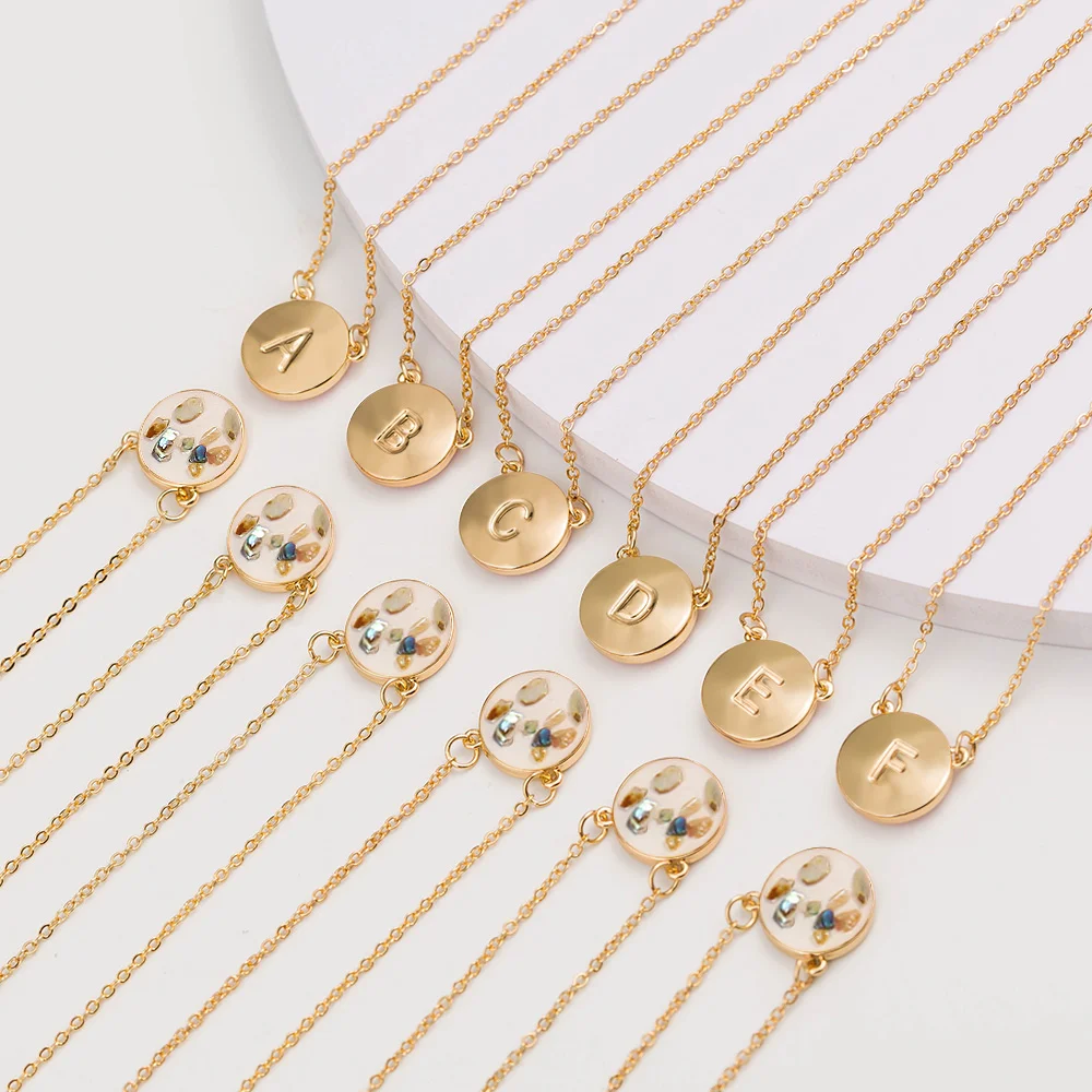 A-Z Gold Silver Coin Initial Choker Necklace Pink Enamel Seashell Pendant Necklaces For Women Jewelry