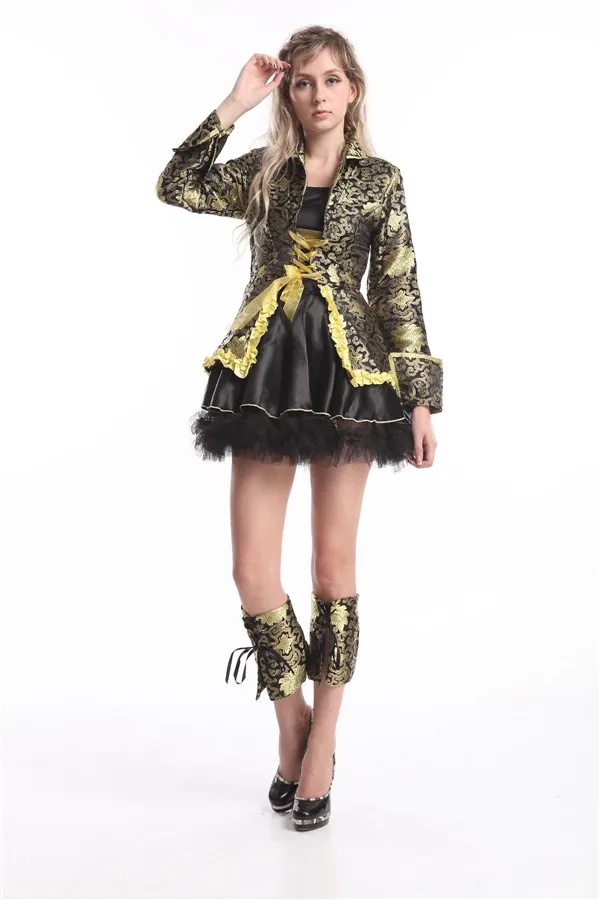 Ecowalson для женщин золотистый и черный Пиратский Костюм Леди Плюс Размер маскарадный костюм S-3XL