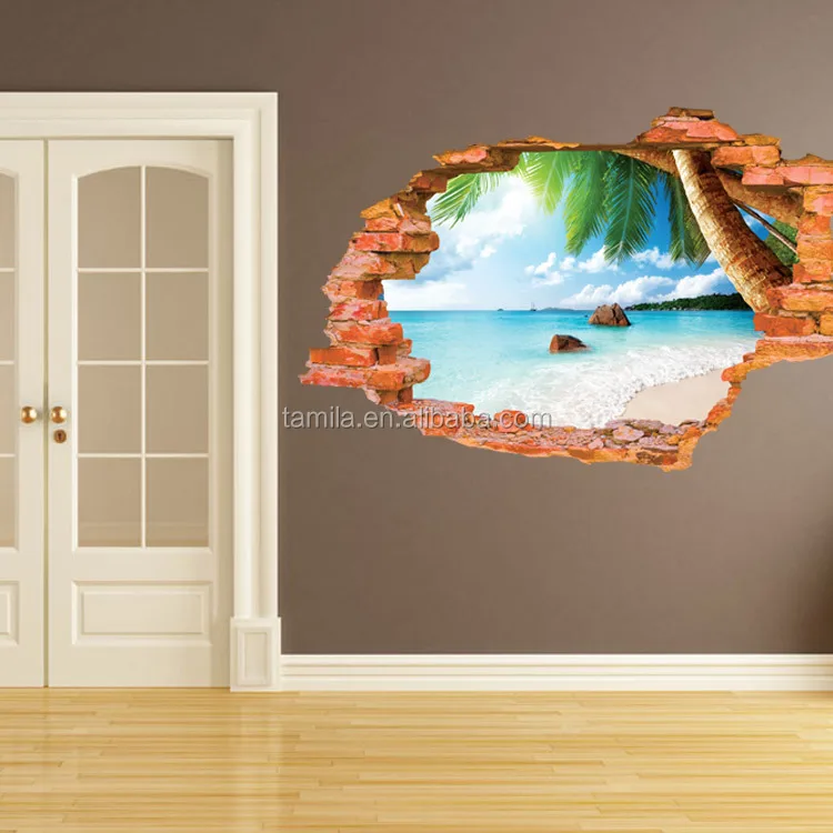 Window 3D Beach View Flowers Sea Wall Stickers art Mural Decal Wallpaper