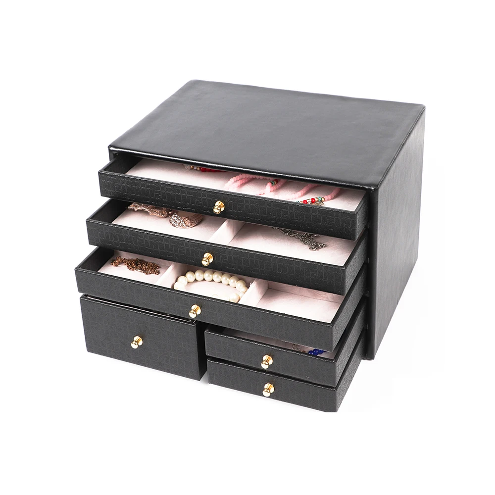 Wholesale Leather six drawers black/white/pink stand jewelry storage box