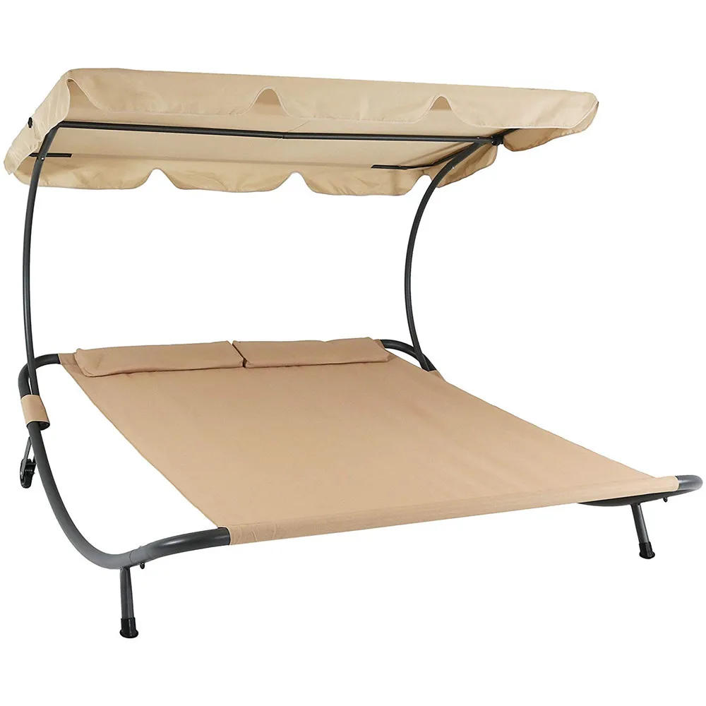 Outsunny Double Chaise Lounge Hammock Sunbed with Canopy Stand - Light Grey