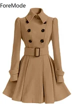 ForeMode 2016 Fashion high quality Europe Winter Coat Jacket Belt Buckle Coat Double-breasted coat Long Sleeve Casual Dresses