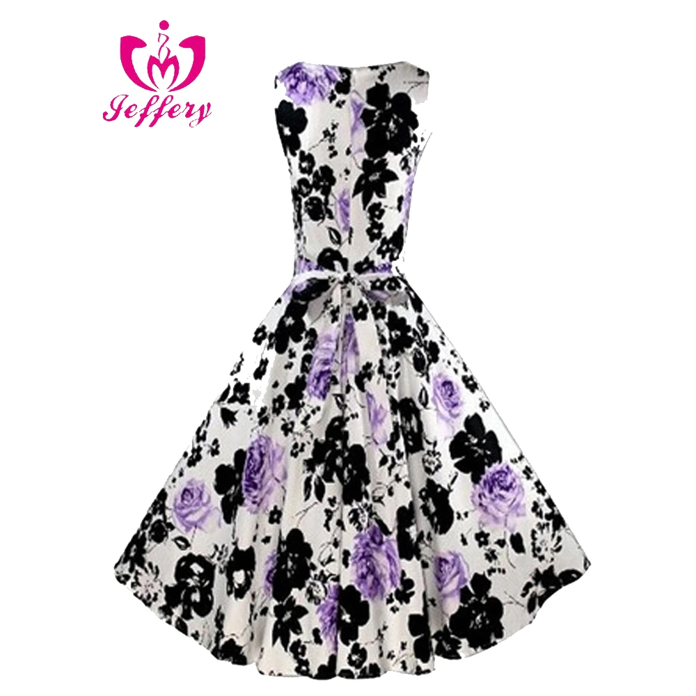 Hot sell Hepburn wind round sleeveless print belt dress retro foe elegant ladies B002