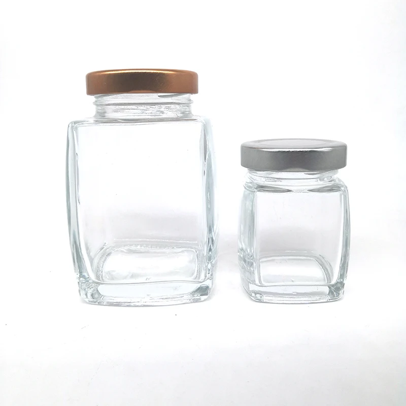High quality empty square glass jar for honey with screw lid
