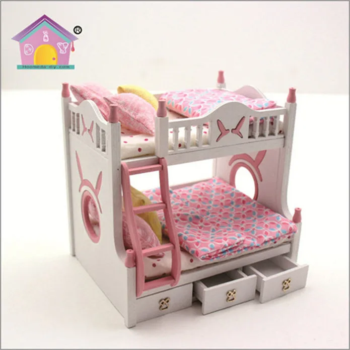 Children furniture bunk bed pink dolls house furniture mini toy doll house furniture 1/18 scale cheap
