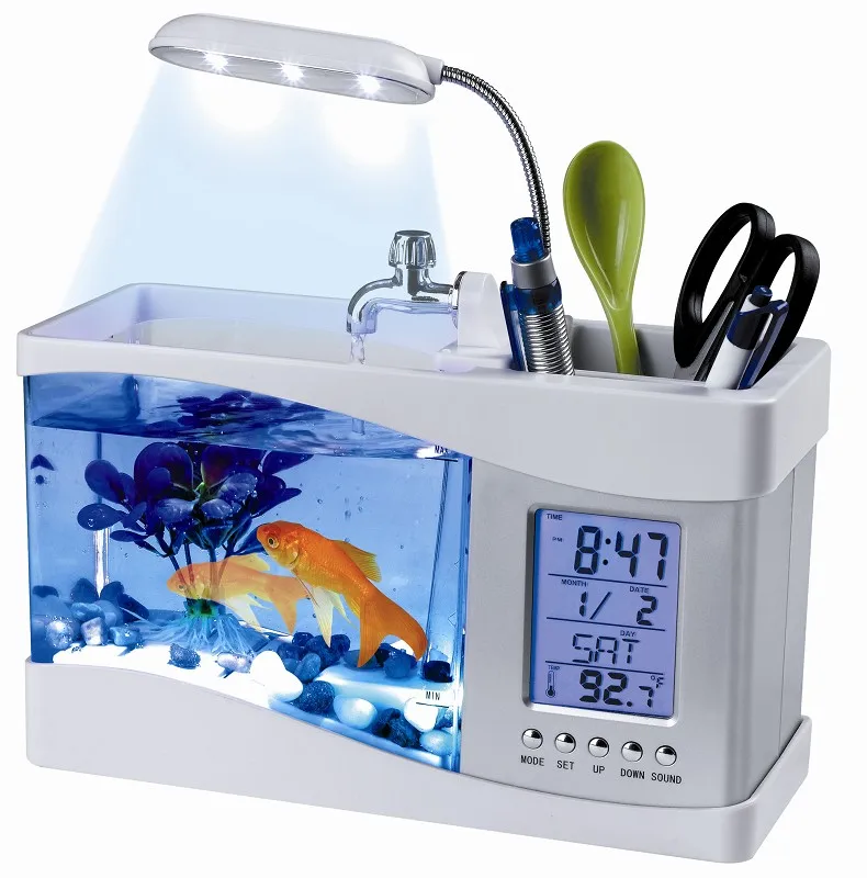 Mini Fish Tank with Water Running LED Pump Light Calendar Clock usb Mini Fish Tank Desktop Electronic Aquarium