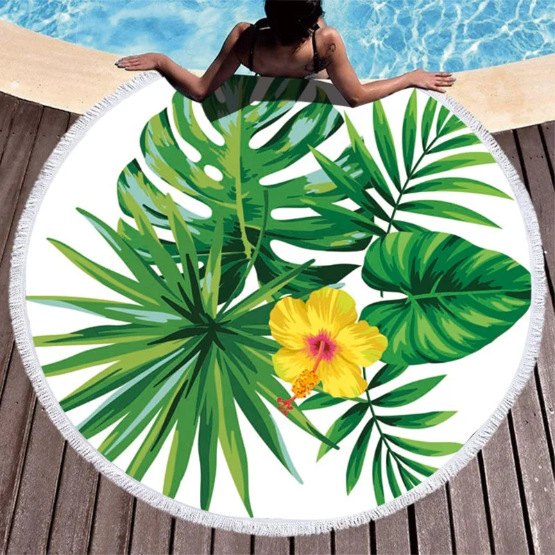 
Sublimation fresh green leaves printed 100% polyester eco friendly comfortable weighted micro fiber round beach towel for youth 