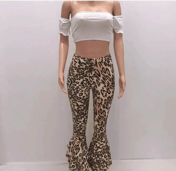 Spot  factory wish fast sell European and American Fashion Sexy Leopard Print lotus leaf flare pant