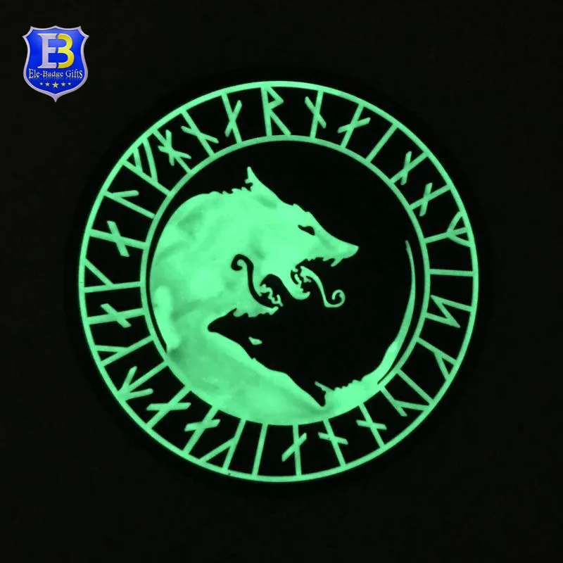Custom Rubber Wolf Badge Grow In Dark Spinning PVC Logo Patch With Hook And Loop