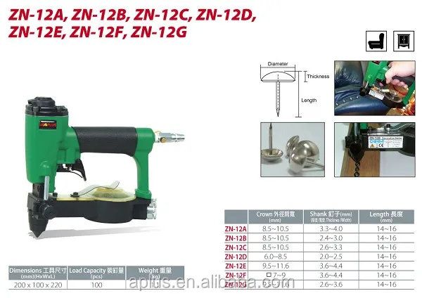 APLUS ZN-12B, air decorative nailer for sofa loading by loss nail, it can automatic feed. control auto feed speed by air.