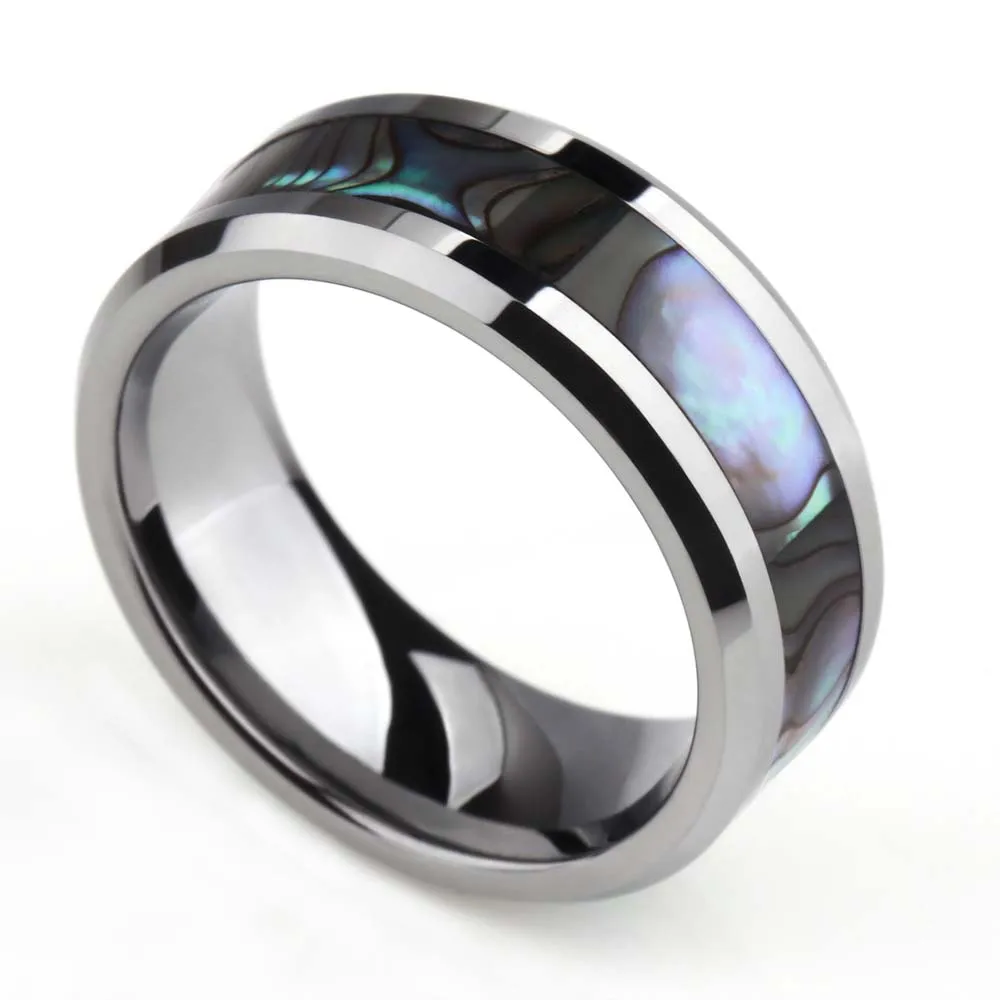 Wholesale 8mm IP Black Inlaid Shell Opal Dome Wedding Bands Tungsten Steel Rings For Men Jewelry