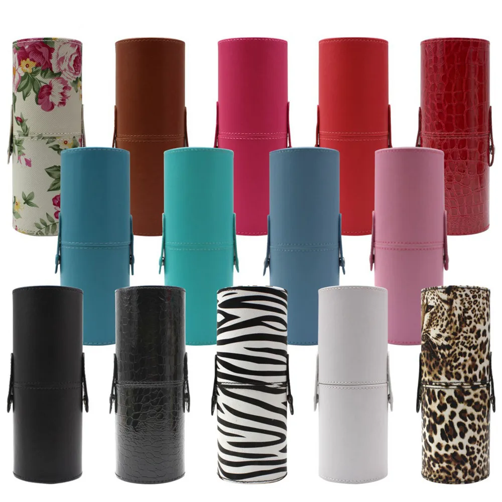Private label makeup brush set case holder cylinder with straps make up brushes bag tools leather material