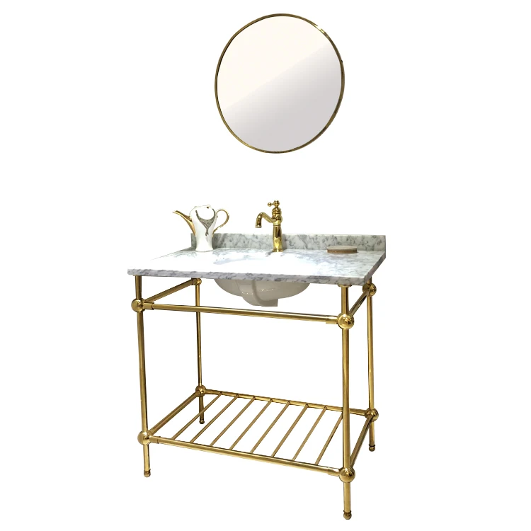 Classic style stainless steel golden frame marble top bathroom vanity