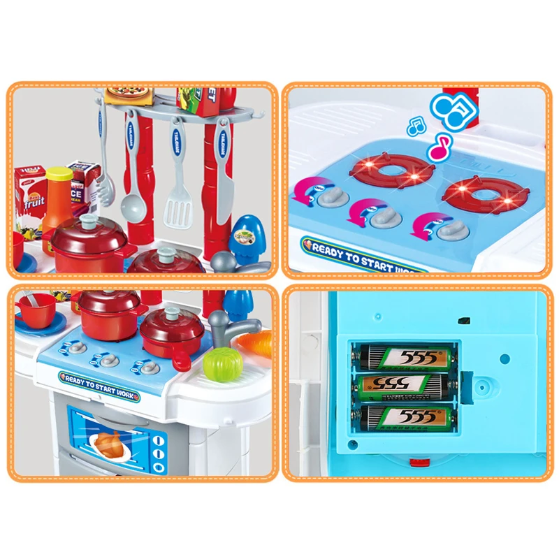 Education preschool play plastic kids kitchen set toy with light and IC