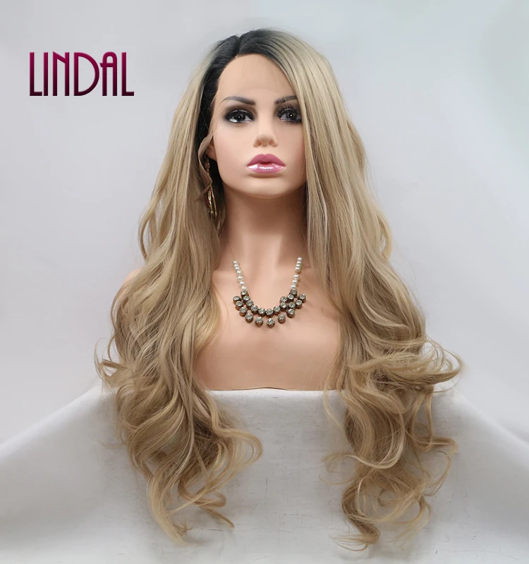 Loose Curly  Lace Front Wig Ombre Ash Blonde Color Synthetic Wet and Wavy Wig Pre Plucked Hairline Heat Resistant Fiber Wigs
