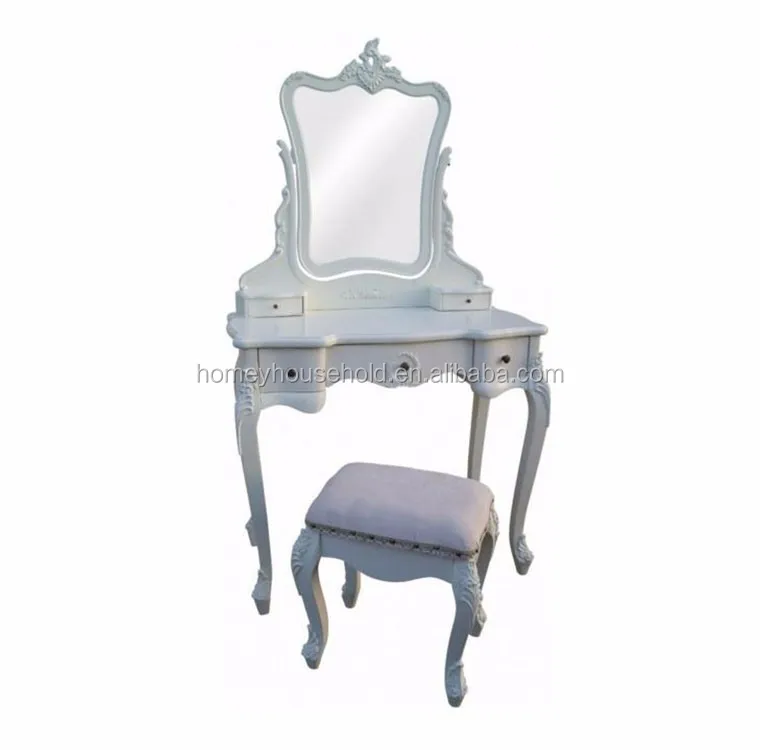 
Baroque Style Antique White Dressing Bedroom Side Makeup Vanity Table Set Table Stool 