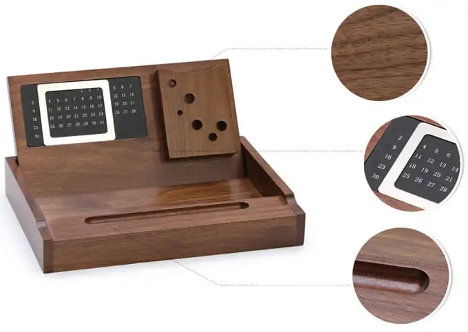 Wooden Multi-function Desk Stationery Organizer Storage Box With Perpetual Calendar