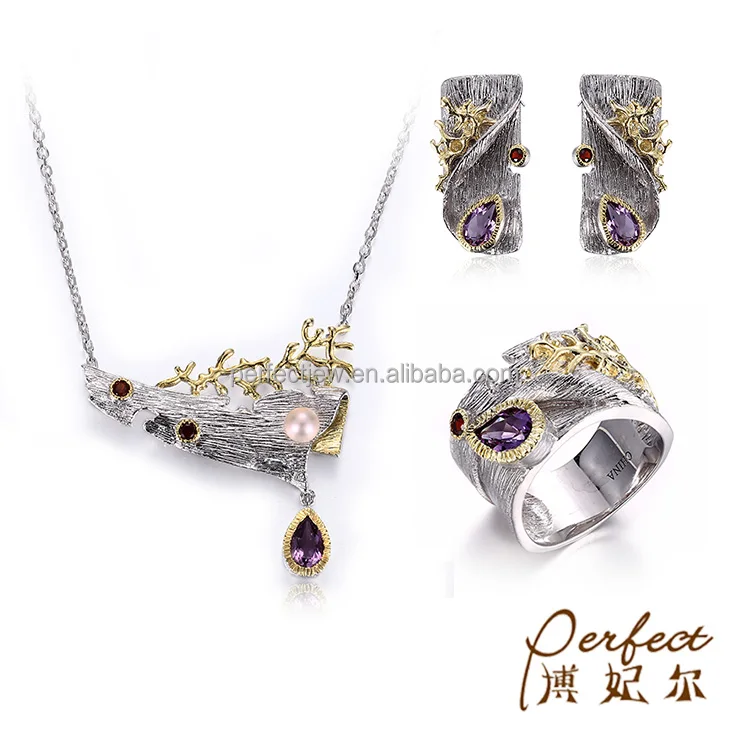 Italian Handmade Amethyst Gemstone 925 Sterling Silver Jewelry Set with Yellow Gold Plated