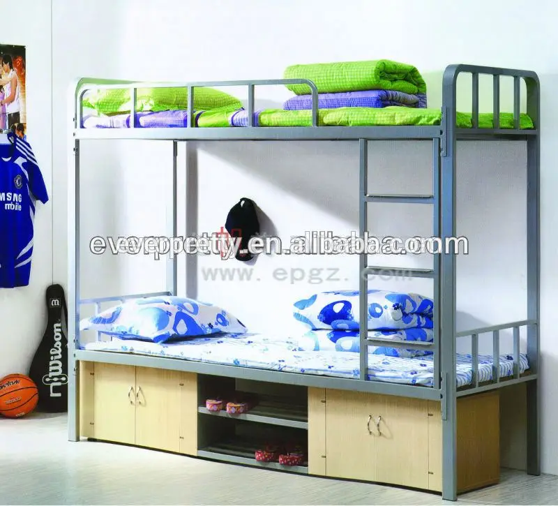 School Dormitory Furniture Metal Frame Environment Friendly Ergonomical Design Double Bunk Bed with Ladder and Small Locker