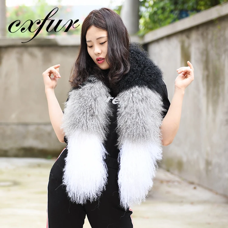 CX-S-134D Professional Design Mongolian Tibet Lamb Fur Lady Winter Scarf