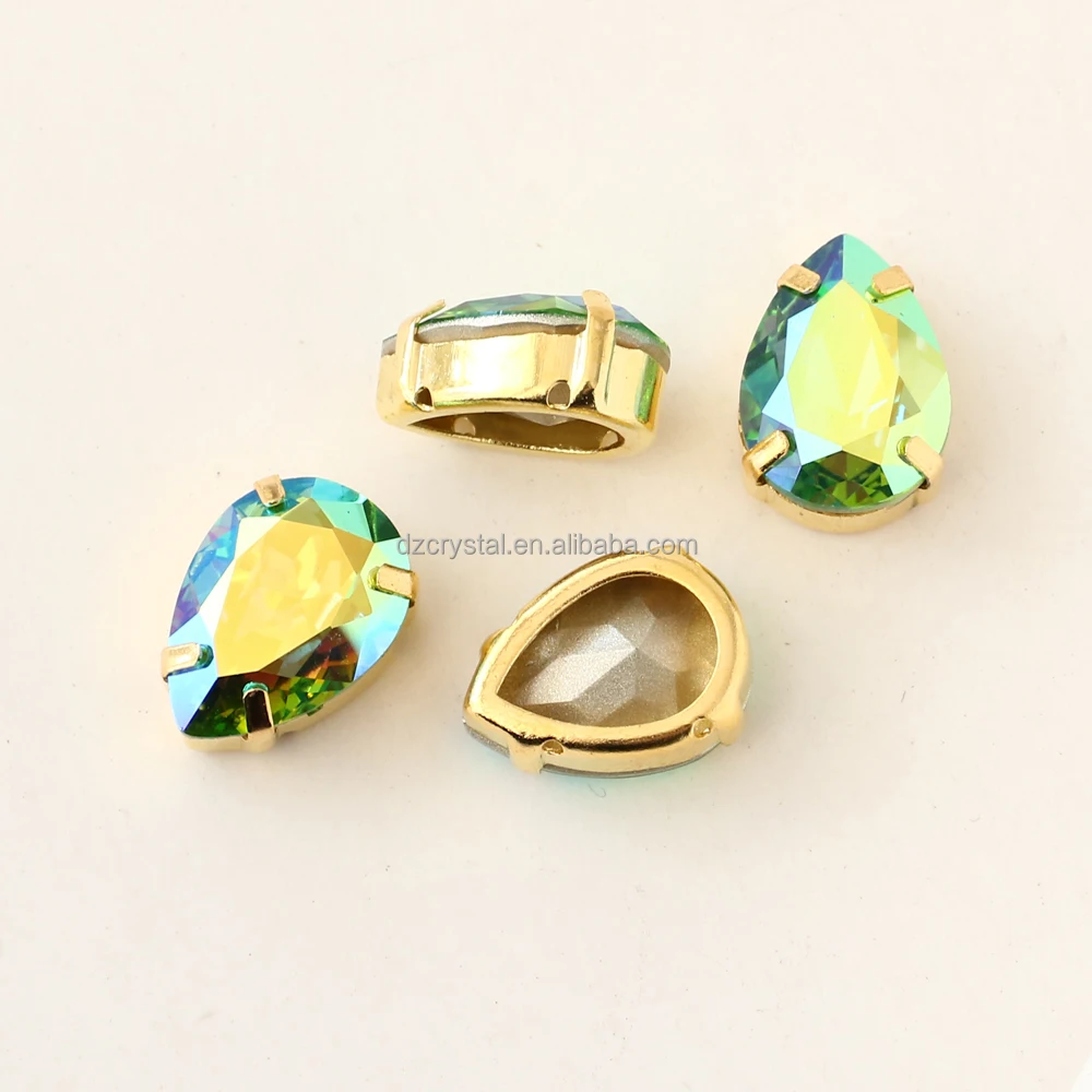Wholesale Water Drop Point Back Crystal Peridot AB Coating Fancy Stone With Metal Claw For Jewelry Making
