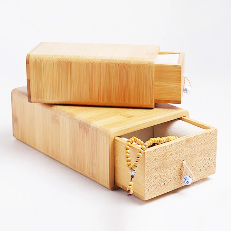 Wholesale high quality custom drawer shape beautiful design lining insert gift box bamboo jewelry package storage wood box