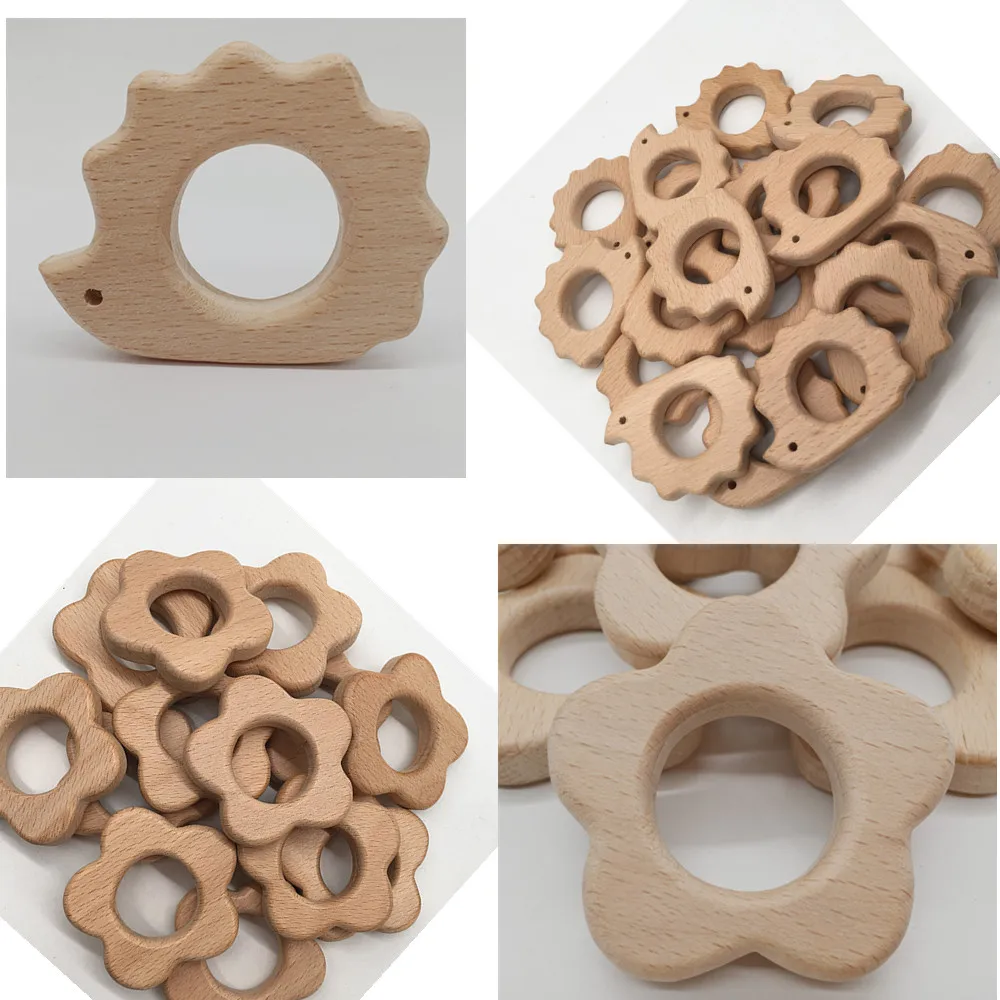 
New Safety Multi Shapes Natural Beech Wooden Baby Teether 