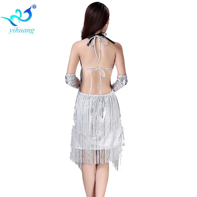 Silver Hot Skating Dance Wear Costumes Latin Jazz Stage Performance Dress Girls Latin Dress with Long Tassel