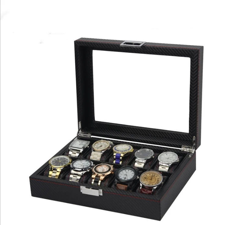 10 Slot Fashion Men Leather Carbon Fiber Luxury Black Pu Wrist Watch Organizer Display Storage Box
