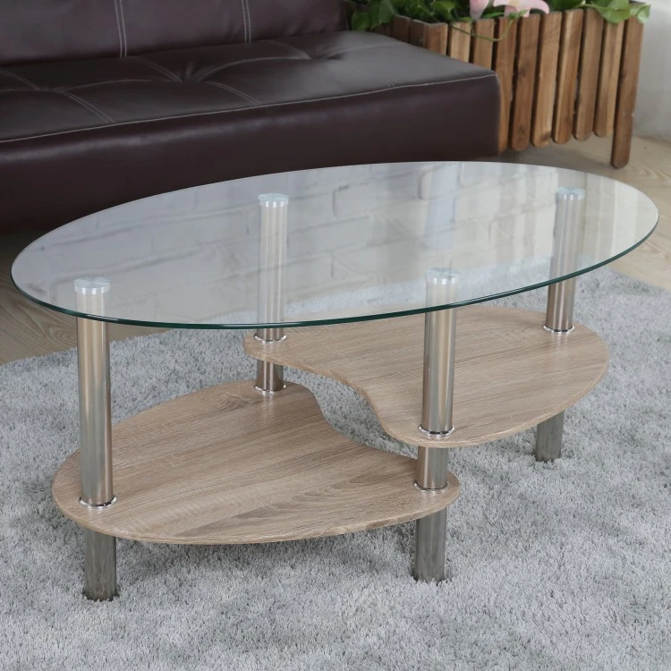 New design stylish high gloss stainless steel legs oval tempered glass coffee table