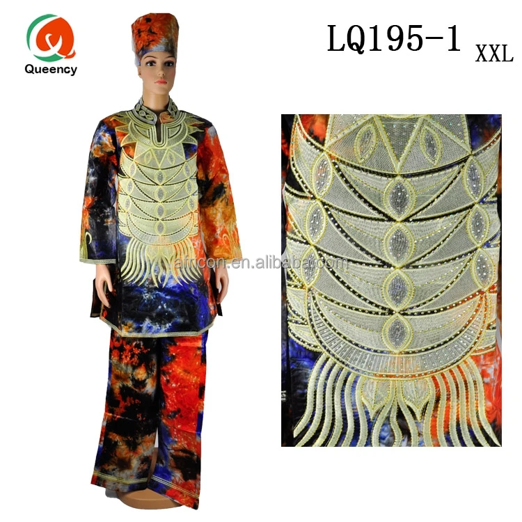 LQ192 Queency Fashion Style African Bazin Embroidery Design Dress with Head Scarf Plus Size