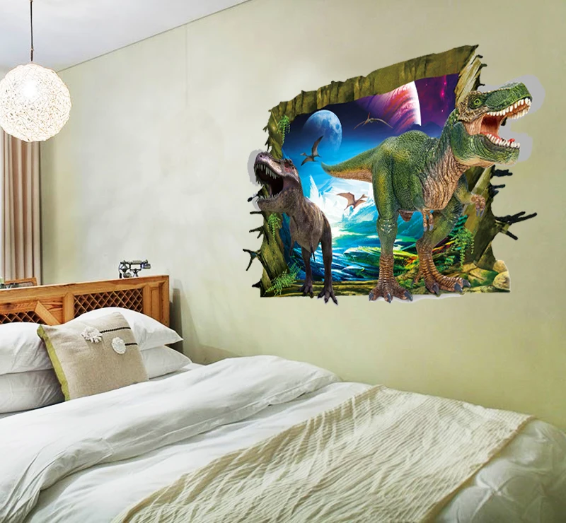 YIYAO DIY 3D Dinosaur Floor Wall Sticker Cartoon Broken Door Wall Stickers