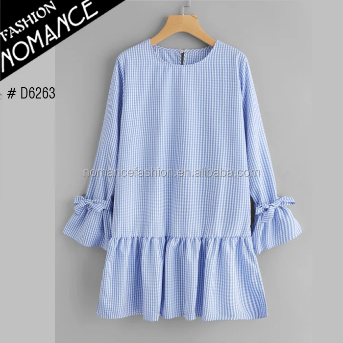 Flute Sleeve Tiered Hem Gingham Clothes Ladies Simple Fashion Dress