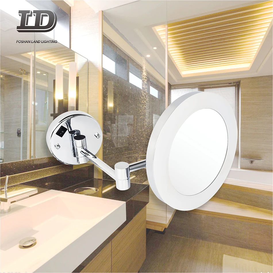IP44 Wall mounted round magnifying 360 degree rotation led illuminated bathroom shaving mirror led light hotel makeup mirror