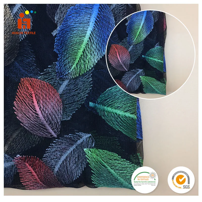 Popular colorful leaves plain embroidery african lace fabric skull for garment