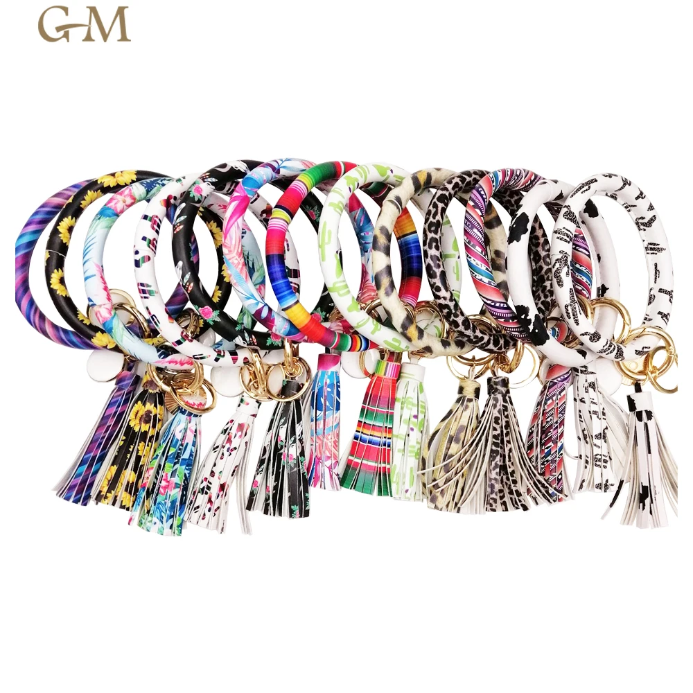 Wristlet Keychain Bracelet,Bangle Keyring - Big O Key Ring Leather Tassel Bracelet Key Chain Holder For Women Girl